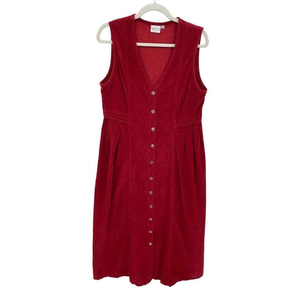 Match Dresses & Skirts - Vintage MATCH Jumper Maxi Dress Women M Red Cotton Corduroy Button Front Holiday